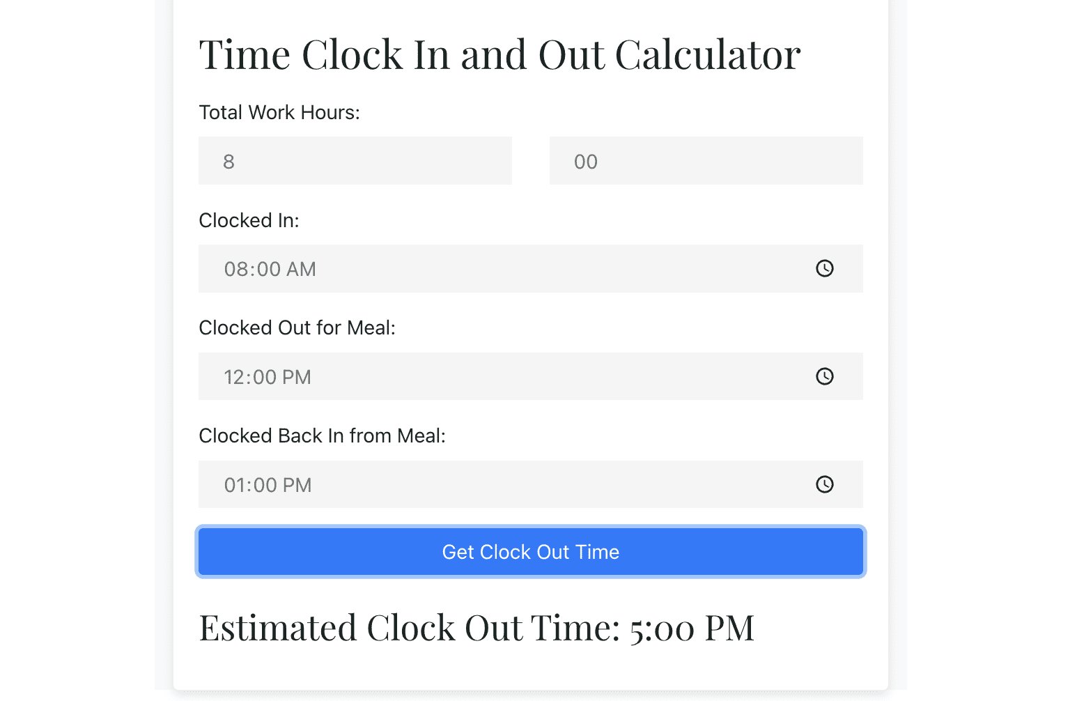 Time Clock In and Out Calculator